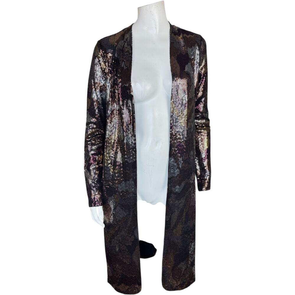 Colleen Lopez XS Sequin Open Front Long Cardigan Metallic Nylon Spandex NWT